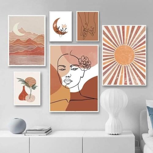 Nordic Posters And Prints Sunrise Rainbow Moon Beauty Flower Illustration Wall Art Canvas Painting Wall Pictures For Living Room