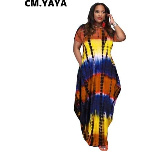 CM.YAYA Women Plus Size Dress Tie Dye Short Sleeve O-neck Loose Maxi Long Dresses with Pockets Fashion Vestidos Summer Outfits