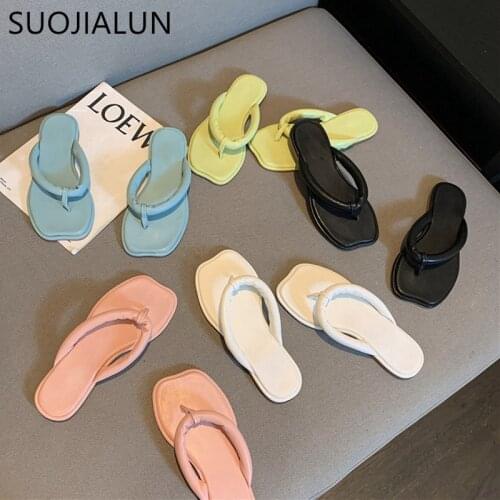 SUOJIALUN Summer Women Slipper Flat Heel Square Toe Casual Sandal Shoes Outdoor Casual Beach Slides Slip On Open Toe Flip Flops
