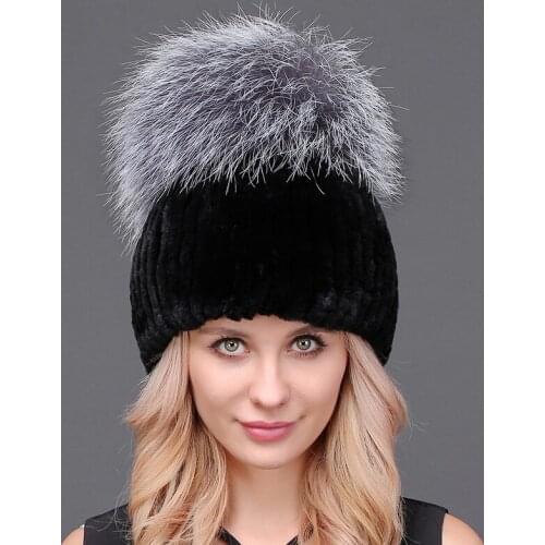 Thicker Winter Rex Rabbit Fur Hat For Women With Fox Fur Pom Poms Knitted Beanies Fur Hats High Quality Caps Feminine