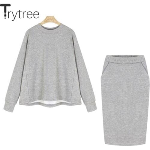 Trytree 2020 Autumn Winter Two Piece Women Set Casual O-neck Sweatshirt Fleece Liner Tops + Elastic Waist Skirt 2 Piece Suit