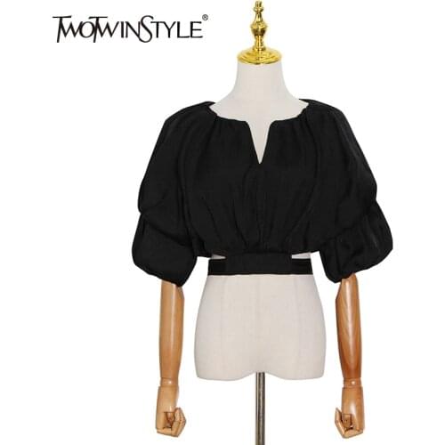 TWOWTINSTYLE Patchwork Casual Shirts For Women V Neck Puff Half Sleeve Lace Up Slimming Blouses Females Summer New Clothing 2021