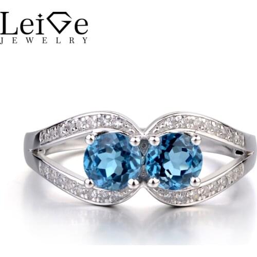 Leige Jewelry London Blue Topaz Engagement Ring Two Stone Ring Sterling Silver 925 Blue Gemstone Jewelry Round Cut Split Shank