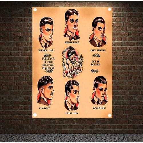 Vintage Mens hairstyle Tattoo Banners Wall Art Retro Posters Canvas Painting Flag Wall Sticker Tapestry Barber Shop Home Decor