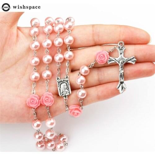 Wishspace 6MM glass imitation pearls pink roses Catholic rosary necklace sweater necklace long cross of Christ Our Lady of reli