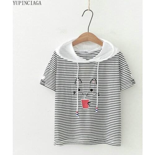 Womens Cute Cartoon Cat Embroidery Hooded Sweatshirt Femme Casual Short Sleeve Funny Hoodies Sweet Style Tracksuit Pullovers