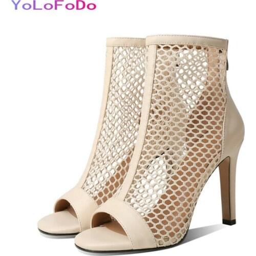 Black White White 2021 Women Summer Boots Fashion Peep Toe Thin High Heel Women Ankle Boots Zipper Mesh Boots Big Size 34-43