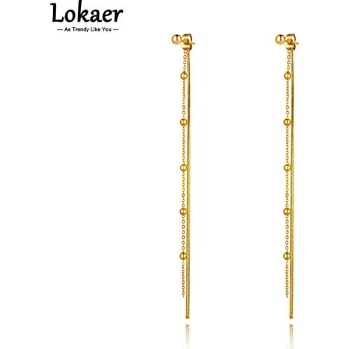 Lokaer 18K Gold Stainless Steel Long Beads Tassel Earrings Jewelry Fashion Chain Link Dangle Earrings For Women brincos E21113