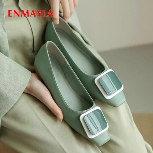ENMAYLA 2020 Low Square Heels Women Shoes Square Toe Casual Candy Color Genuine Leather Slip-On Luxury Women Pumps Size 34-41