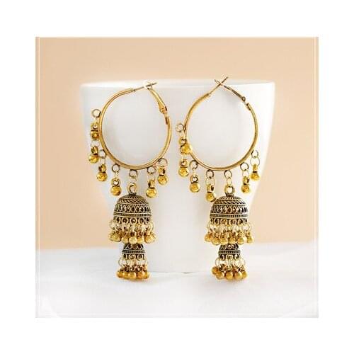 Vintage Ethnic Gypsy Indian Earrings For Women Boho Jewelry Ladies Retro big circle Bell Tassel Hollow Tassel Jhumka Earrings