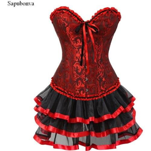 Sapubonva women corset dresses halloween costumes corsets bustier dress with skirt set mini tutu skirt overbust plus size red