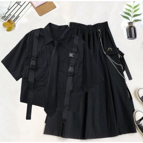 Harajuku suit womens sets 2021 summer new Korean fashion loose tie short sleeve shirt + high waist tooling skirt two-piece suit