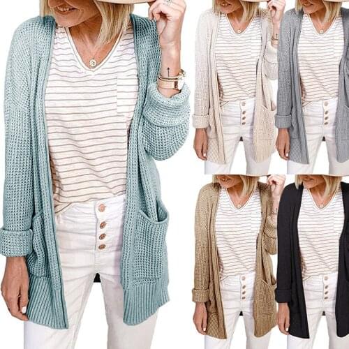Women sweater womens jacket Knit cardigan Solid knitted jacket V-neck loose sweater thin ladies trench Coat Pockets