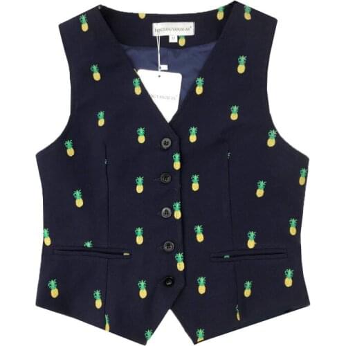 Black Chic Pineapple Print Vest Women V Neck Slim Single Button Spring Autumn Vest 2021 New Fashion Warm Large Streetwear