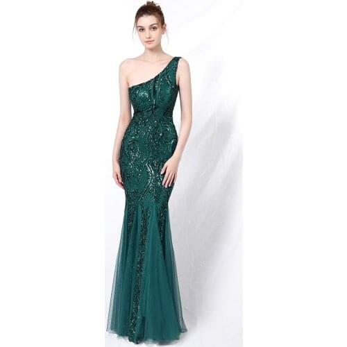 Partysix New Summer Elegant One Shoulder Long Sequin Evening Dress 2021 New Women Party Dress Wedding Wear