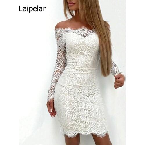 2020 Sexy Women White Lace Dress Elegant Ladies Off Shoulder Summer Womens Long Sleeve Party Pencil Dress Vestidos