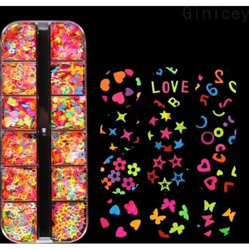 12 Grids Fluorescence Nail Glitter Flakes Mixed Butterfly Star Love Neon Sequins 3D DIY Colorful Slice Nail Art Decorations