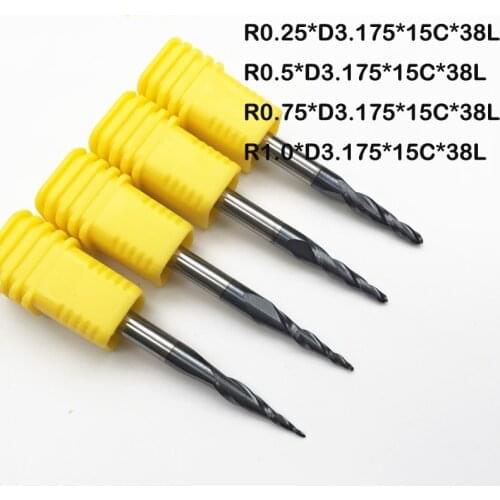 4PCS Assorted R0.25&0.5&0.75&1.0mm HRC55 Tungsten solid carbide Tapered Ball Nose CNC Router Bit Taper End Mills and cone cutter
