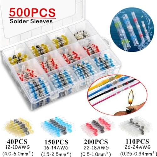 500/200/50Pcs Heat Shrink Butt Crimp Terminals Waterproof Solder Seal Electrical Butt Connectors Wire Cable Splice Terminal Kit