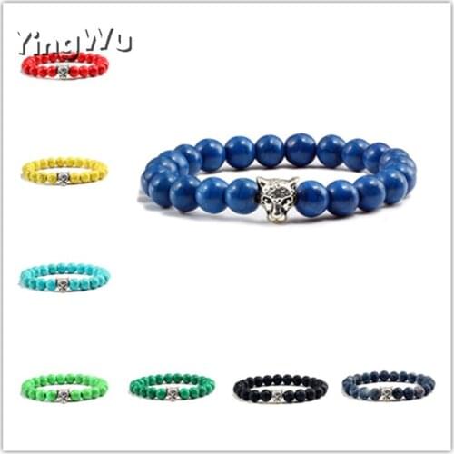 Yingwu Bracelet Turquoise Natural Matte Stone Beaded Elasticity Chain Charm Bangles Silver Leopard Head For Men Women Jewelry