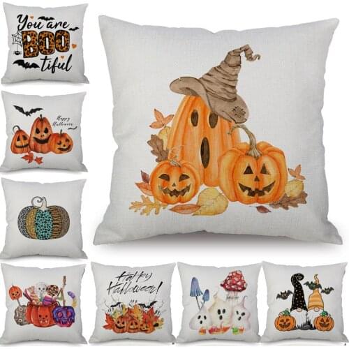 Funny Halloween Cushion Covers Boo Pumpkin Pillow Case 45X45cm Beige Linen Sofa Chair Decoration