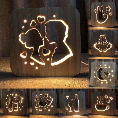 Wood LED Night Lighting 3D Visual Lamp Lover Heart Decor Nightlight I LOVE YOU USB Table Desk Lamp Bedroom LED Valentines Gift