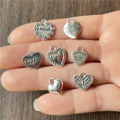 JunKang 50pcs antique silver heart-shaped love glossy peach heart pendant DIY bracelet necklace jewelry matching accessories