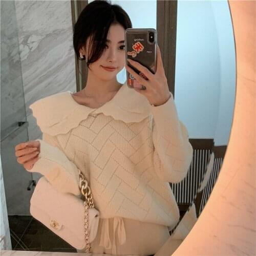 LMQ NEW 2020 Autumn Winter Cute Sweet Doll Collar Chic Knitted Warm Sweater Pullover Young Style Solid Color Loose Tops