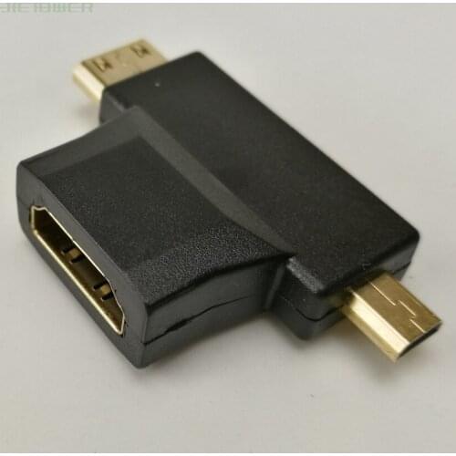 Top Sale Mini 3 In 1 HDMI Female To Mini HDMI Male + Micro HDMI Male Adapter Metal/Plastic Connector Black 50pcs/lot