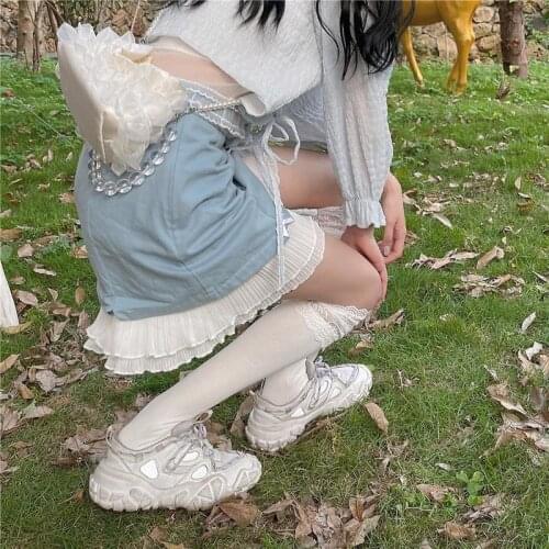 2021 Summer Kawaii Mini Skirt Women Casual Bow Lace Vintage Skirt Female Lolita High Waist Korean Style A-line Skirts Ladies