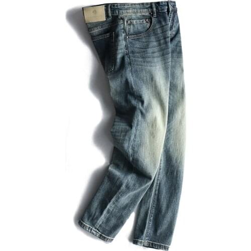 2021 Autumn New Japanese Retro Light Blue Moustache Effect Washed Old Jeans Mens Fashion Simple Elastic Slim Straight Pants