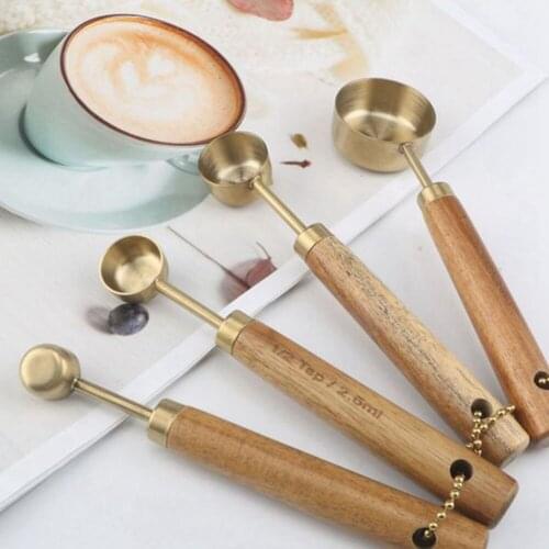 Measuring Spoons/Cup Set Wood Handle Stainless Steel Measuring Scoop Baking Tool For Coffee Kitchen Accessories