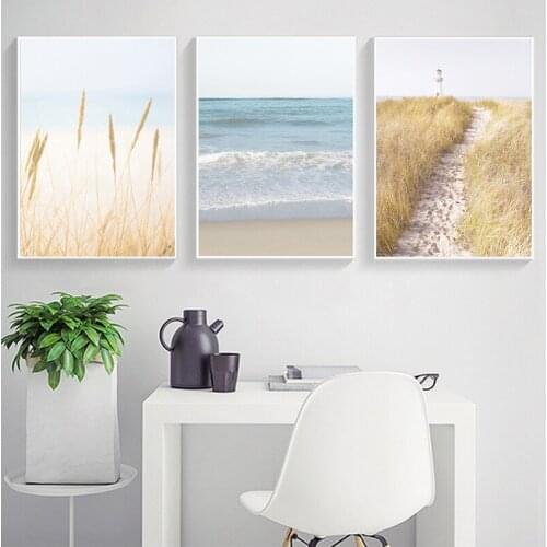 Coastal Wall Art Canvas Painting Pastel Beach Landscape Posters and Prints Pampas Grass Wall Pictures for Living Room Home Decor