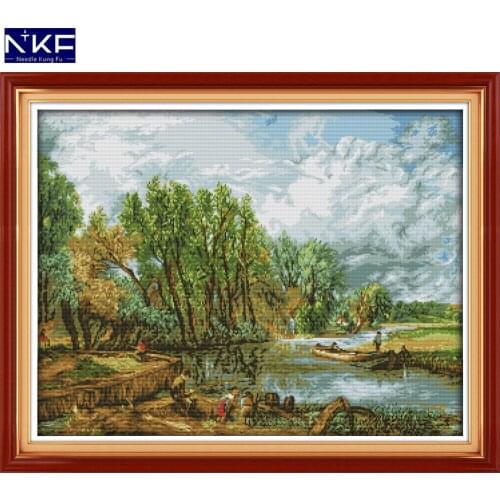 NKF Riverside Stamped Cross Stitch DIY Kits Needlework Embroidery Set Chinese Cross Stitch for Home Decor