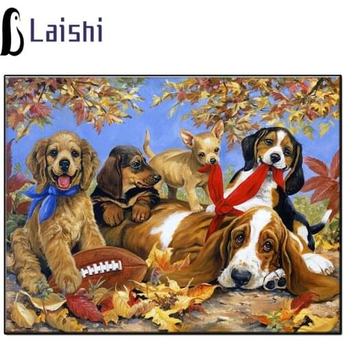 Autumn scenery, puppies playing round diamond painting kit animal cross stitch diamond embroidery home decoration new year gift