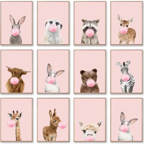 Nursery Girl Room Poster Pink Bubble Animal Wall Art Elephant Giraffe Zebra Canvas Painting Kids Bedroom Decoration Home Decor