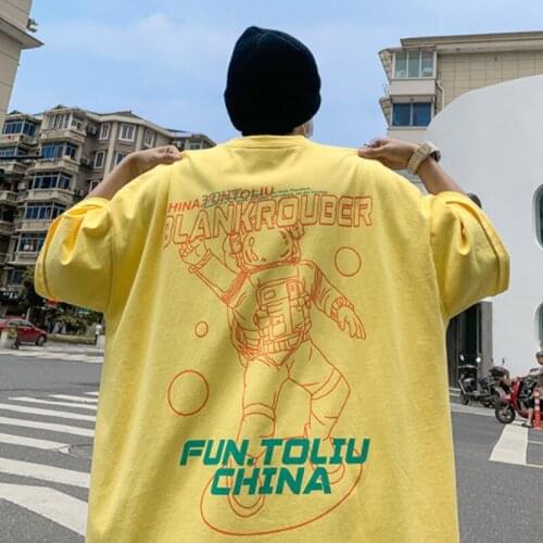 Casual Cotton Vintage Blue Shirt Men Summer Print T shirt Oversize Plus Size Student Streetwear Astronaut Top Short Sleeve Male