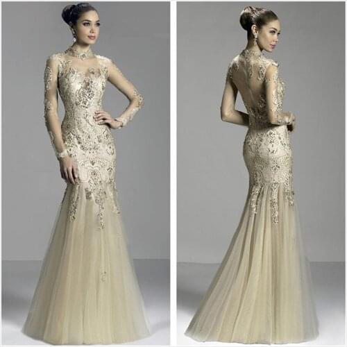 Middle East Sliver See Through Long Sleeve 2015 Elegant Sexy Evening Dresses Mermaid Formal Dresses Full Length