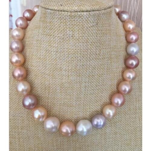 Gorgeous 11-12mm freshwater round multicolor pearl necklace 18inch 925silver