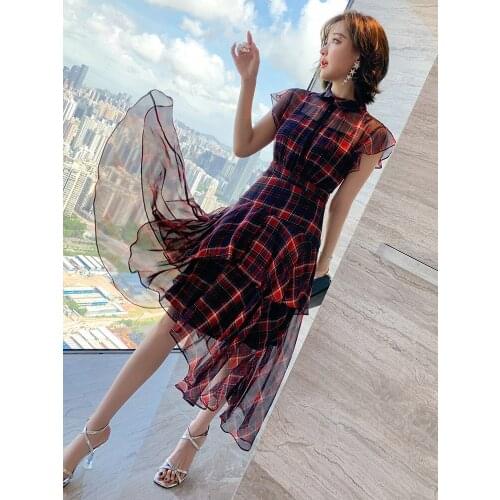Top Quality Plaid Lapel fly Sleeve Ruffle Dress summer new