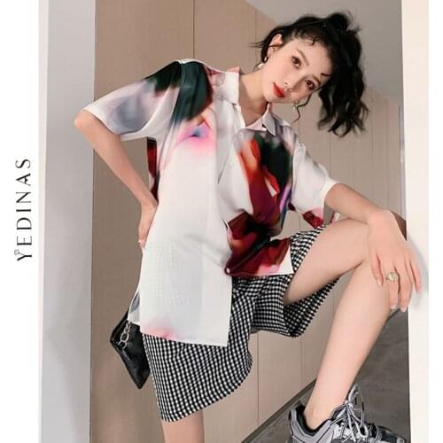 Yedinas Y2k Streetwear Short Sleeve Tie Dye Button Up Blouse For Women 2021 Summer Korean Harajuku Oversize Female Shirt Tops