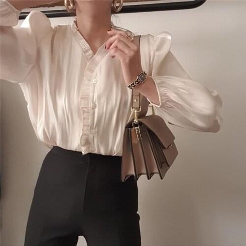 Summer new single-breasted shirt with wooden ears V-neck temperament commuting tops women Long sleeve women tops 2021