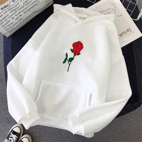 Women Hoodies Red Rose Long Sleeve Swearshirts Winter Autumn Oversized Ulzzang Graphic Unisex Casual Long Hoodies Clothes