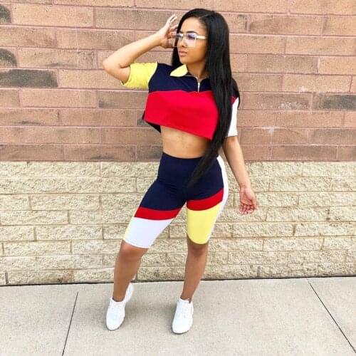 Summer Two Piece Set Women Contrasting Short Sleeve T-shirt+Five-point Pants Sets Club Outfits Sports Streetwear Wholesale Items