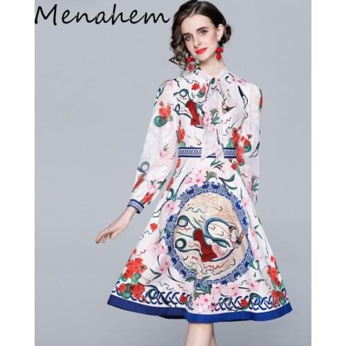 Menahem Summer Runway Diamonds Beading Vacation Dress Women Lantern Sleeve Elegant Bow Tie Collar Floral Print Shirt Midi Dress