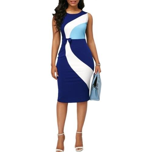 70% Hot Sell Office Lady Sleeveless O Neck Color Block Bow Decor Bodycon Knee-length Dress