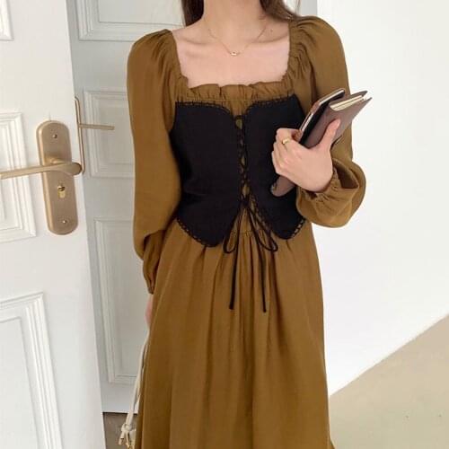 New Fall 2021 French Palace Style Square Collar Stitching Fake Two-Piece Lace-Up Waist Long-Sleeved Pleated Ladies Casual Dress