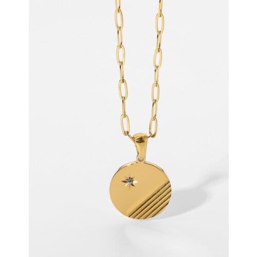 18K Gold Plated Stainless Steel Round Star Power Stripe Heart Pendant Necklace For Women Party Jewelry Accessories