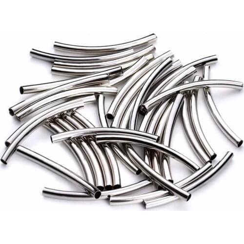 50pcs/lot Silver Color Copper Long Round Spacer Bent Tube Pipe Metal Charm Beads Jewelry DIY Necklace Bracelet Findings Making
