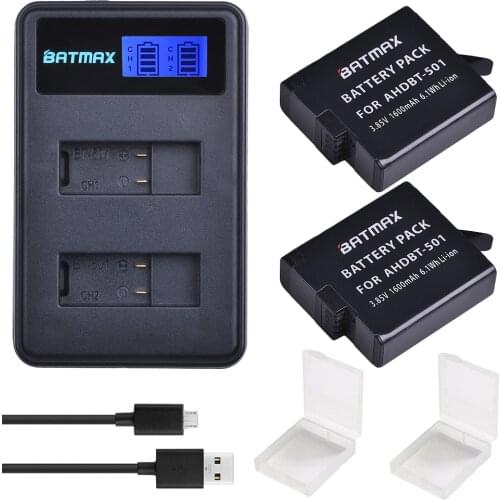 Batmax 2pcs AHDBT-501 Bateria+LCD Display USB Dual Charger for Gopro 5 Gopro 6 New Gopro 7 Gopro hero 8 action camera